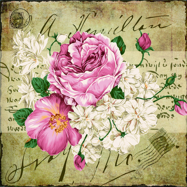 复古邮票手绘花卉装饰画1