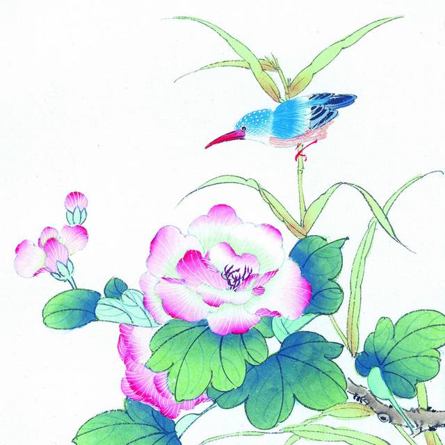 蓝鸟与粉花工笔画素材