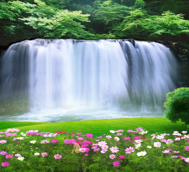 美丽山水瀑布鲜花装饰画