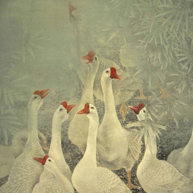 一群白鹅工笔装饰画
