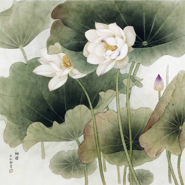 美丽白莲花工笔装饰画