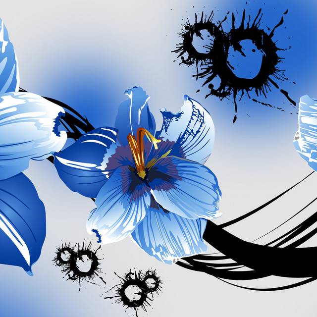 泼墨线条蓝色晕染花卉装饰画1