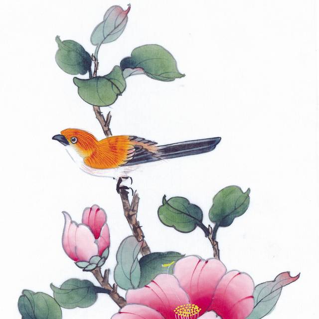 橘色鸟儿与花工笔画素材