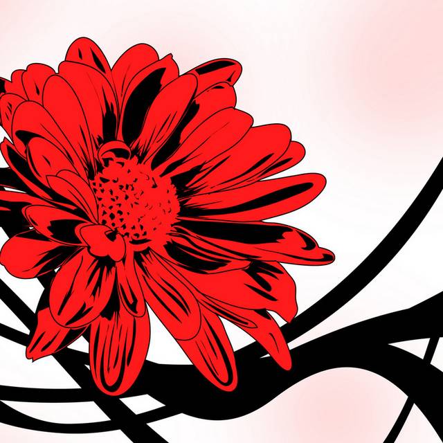 红底黑色线条红色花卉装饰画2