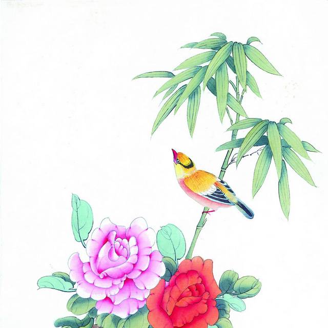 黄鸟与花工笔画素材