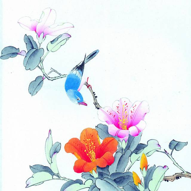 花朵与蓝鸟工笔画