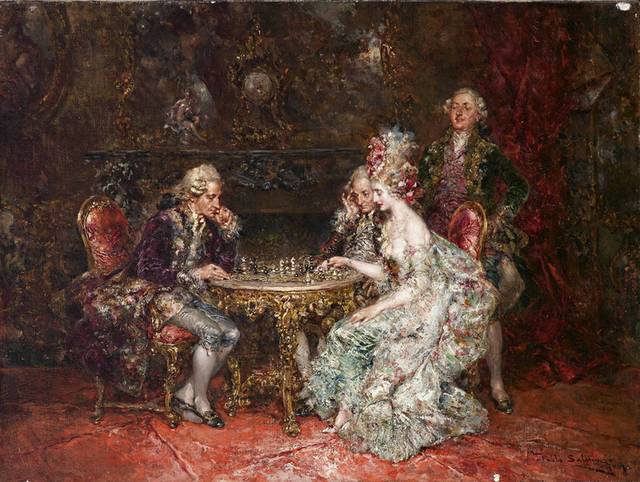 下国际象棋的贵族欧洲宫廷油画