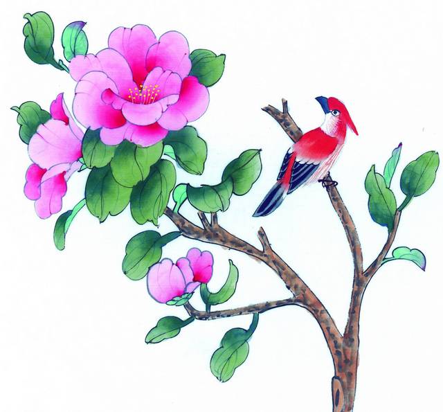 红鸟与花工笔画素材