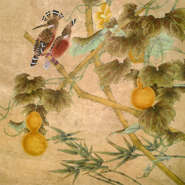 古风葫芦与鸟工笔画