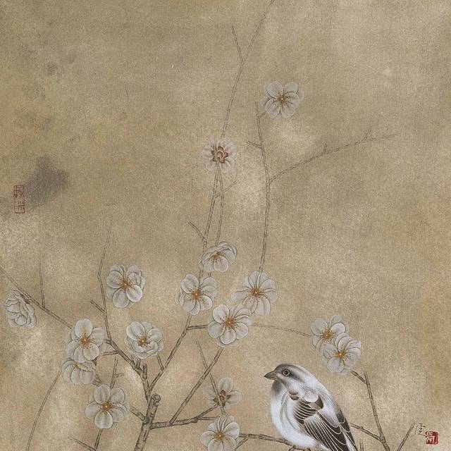 白色花朵小鸟工笔装饰画
