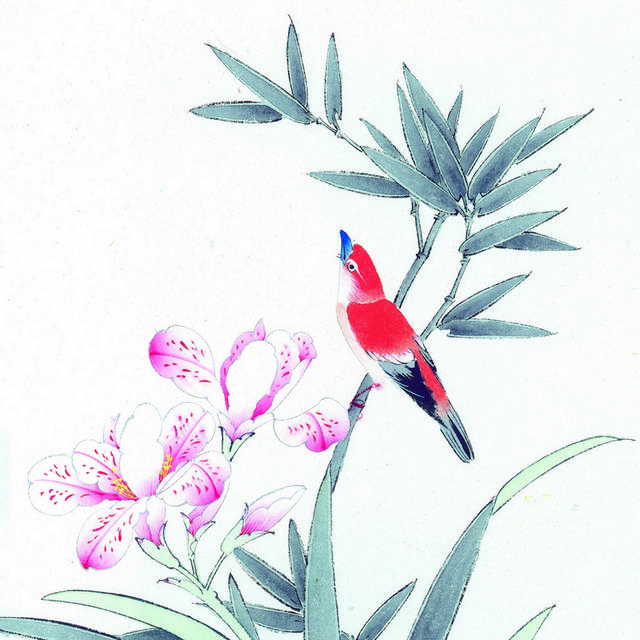 红色小鸟鲜花工笔装饰画
