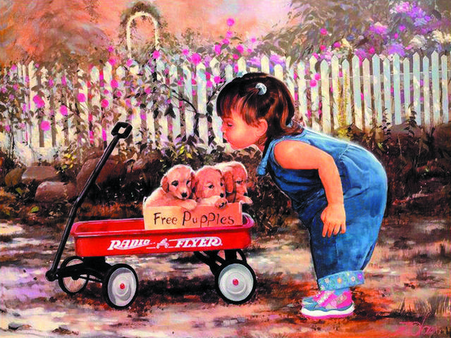 三只小狗与小宝宝装饰画1
