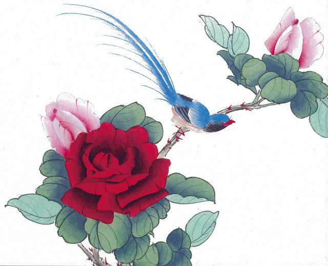 红色花卉与蓝鸟工笔画素材
