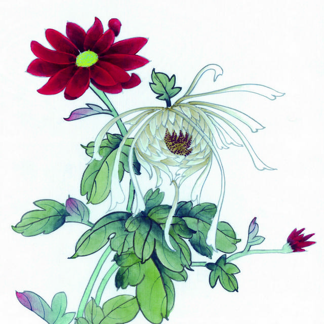 红白花朵叶子工笔装饰画