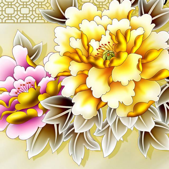 招财进宝金黄牡丹玄关画素材