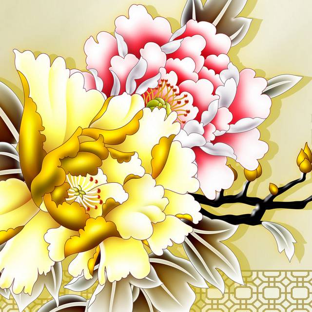 招财进宝金黄牡丹玄关画素材