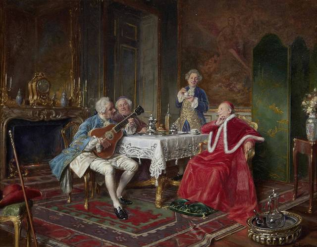 听音乐的红衣贵族欧洲宫廷油画