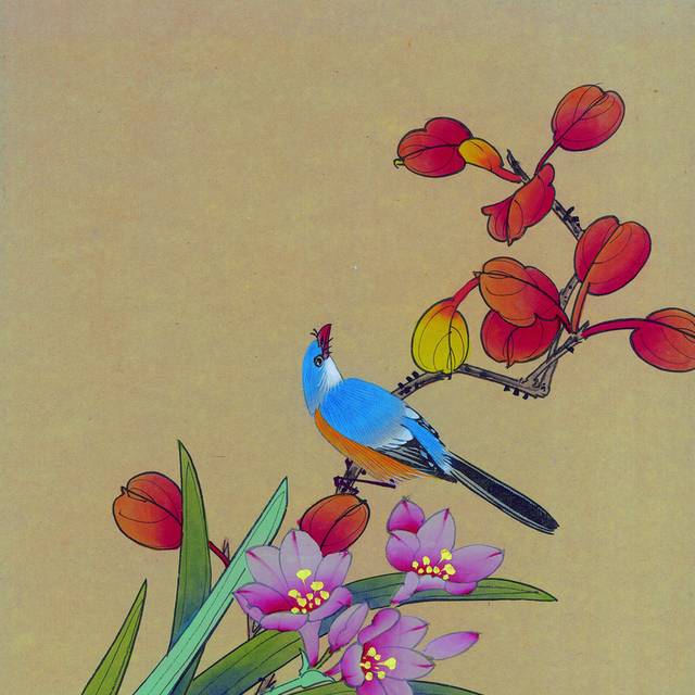 蓝鸟与粉色花朵装饰画