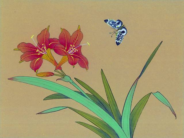 红色花朵与蝴蝶工笔画