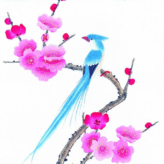 蓝鸟与梅花工笔画素材