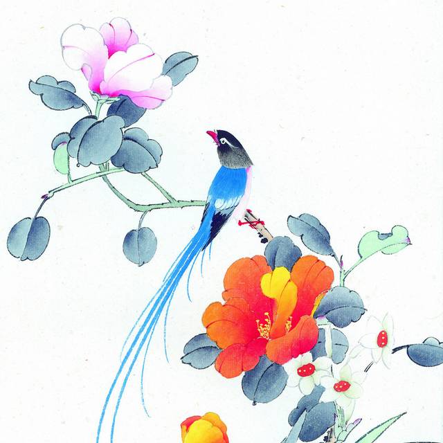 蓝色花鸟工笔画