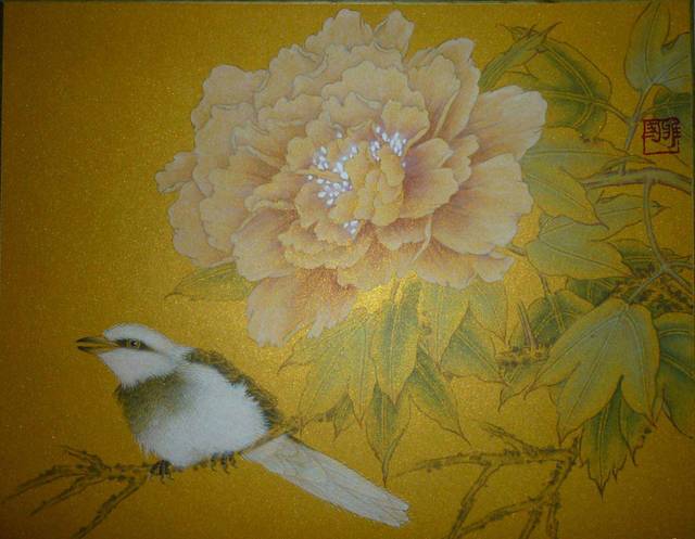 美丽花朵小鸟工笔装饰画