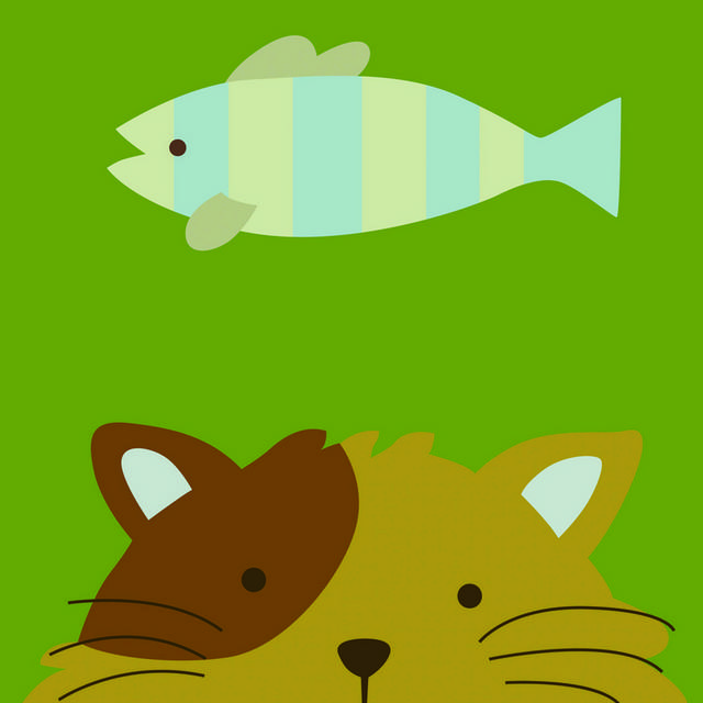 卡通猫咪与鱼装饰画