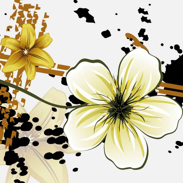 泼墨褐色线条白黄花朵装饰画2