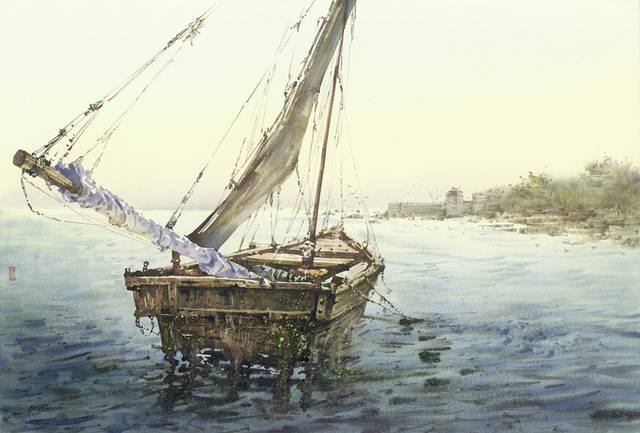 海岸帆船手绘装饰画
