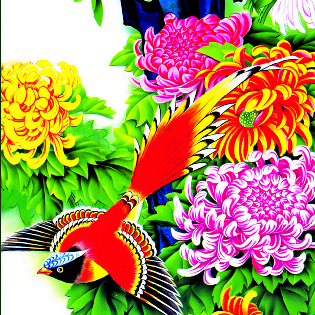 炫彩菊花与鸟国画