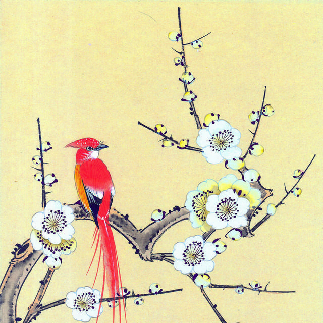 红色鹦鹉白花工笔装饰画