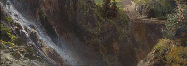 瀑布旁的小屋风景装饰画