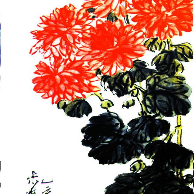 红色菊花国画