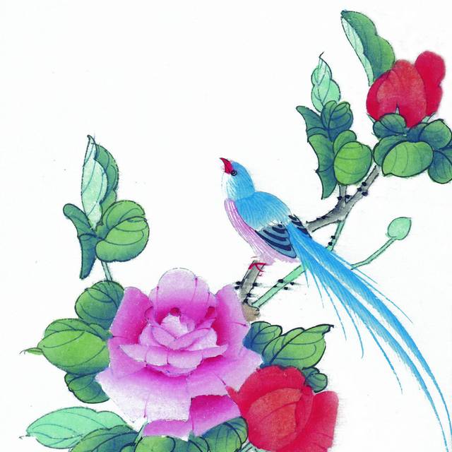 粉红花朵与鸟工笔画