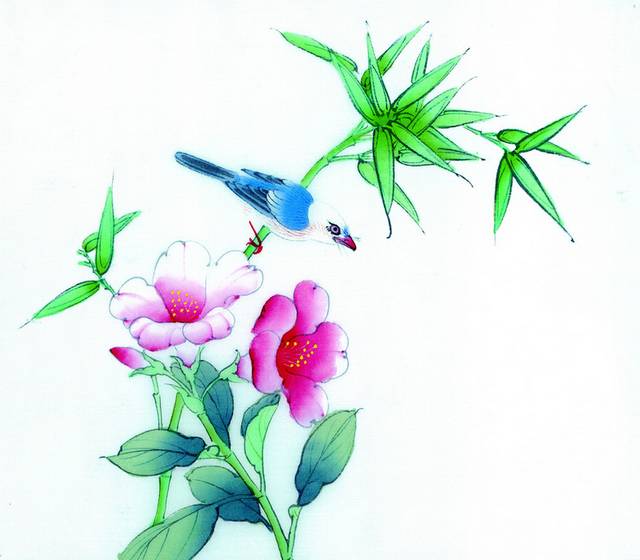 蓝鸟与粉花工笔画
