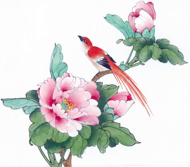 红鸟与粉花工笔画素材