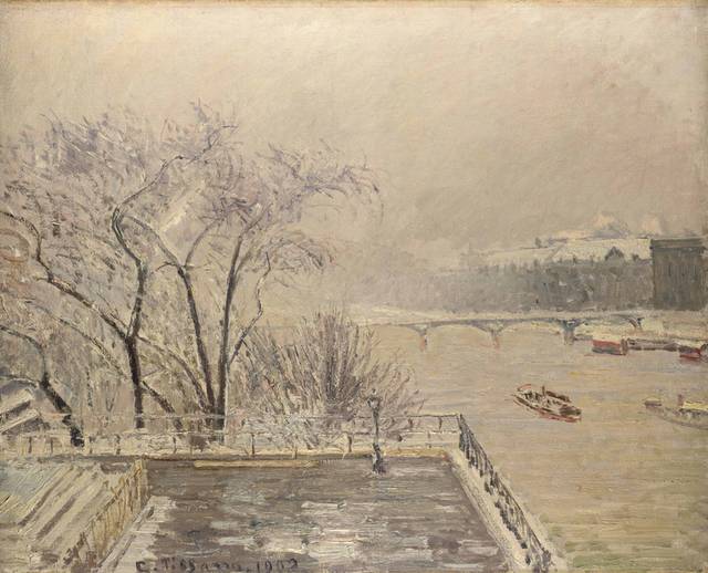 冬天河面风景油画