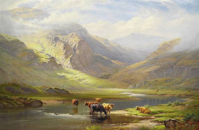 河边喝水的牛装饰画
