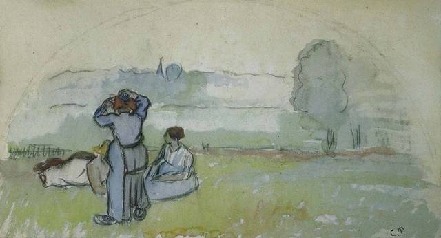 草地上聊天的女人风景油画