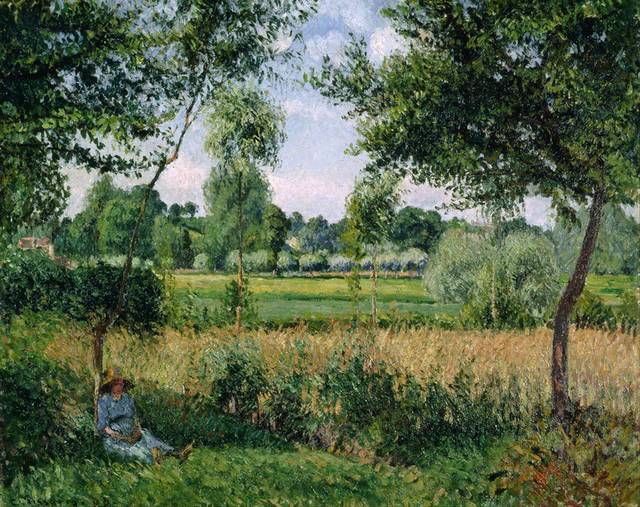 草地上休息的女孩风景油画
