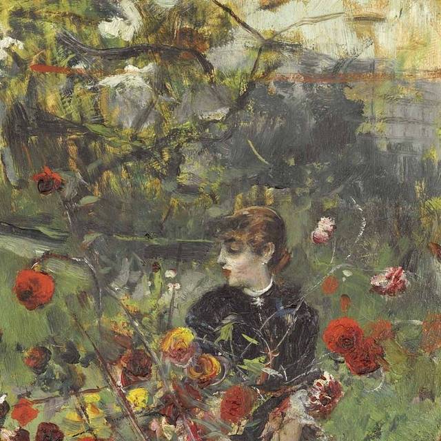 玫瑰花丛里的女人油画素材