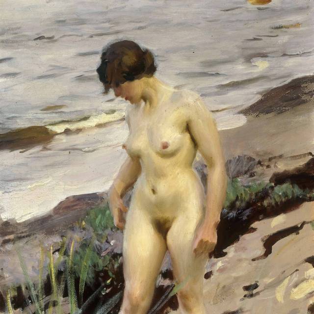 海边的裸体女孩油画素材