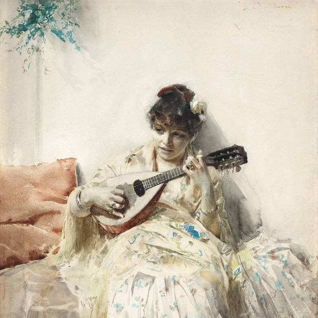 演奏乐器的女孩油画素材