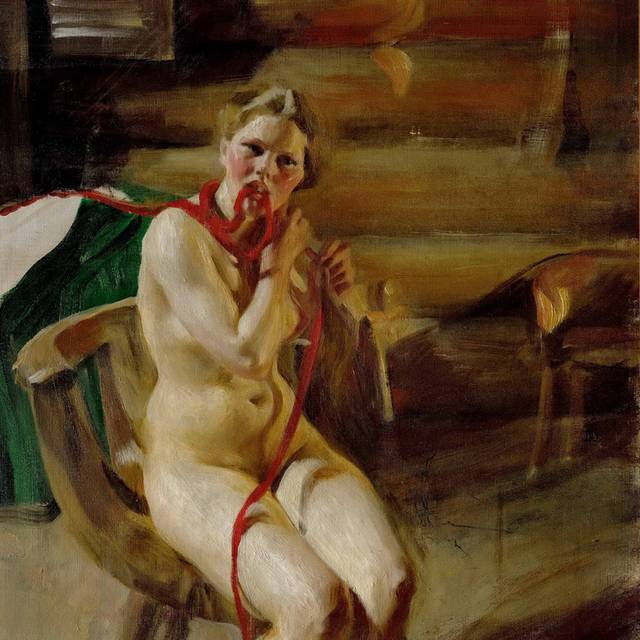 绑红色丝带的女人油画素材