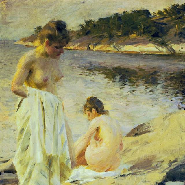河边沐浴的女孩油画素材