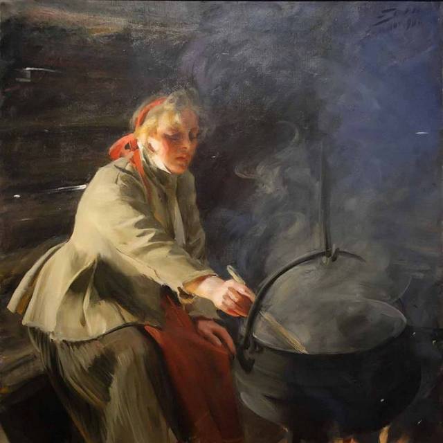 煮汤的女人油画素材