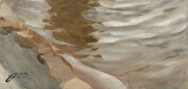 坐在河滩边玩水的女孩油画素材