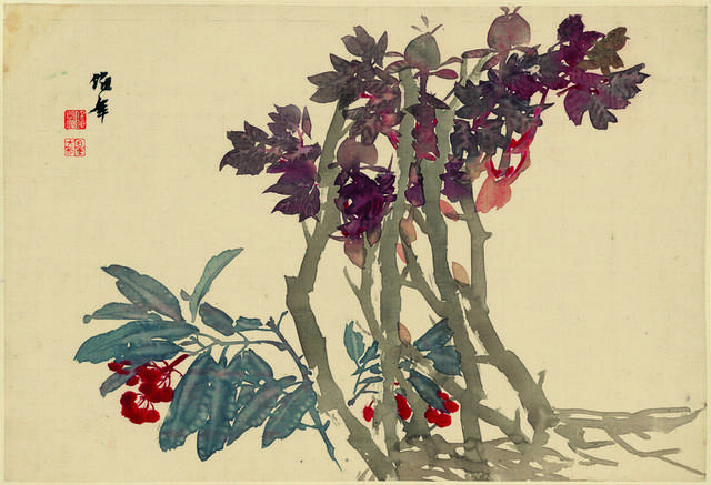 红色果实紫色树叶中式装饰画