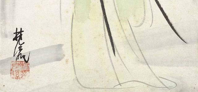 青色长裙的女子中式装饰画