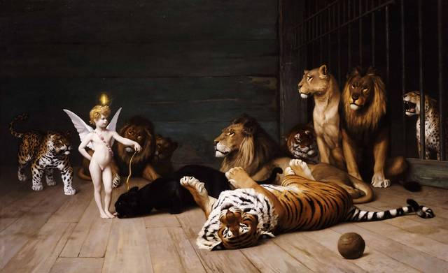 狮虎与天使油画装饰画